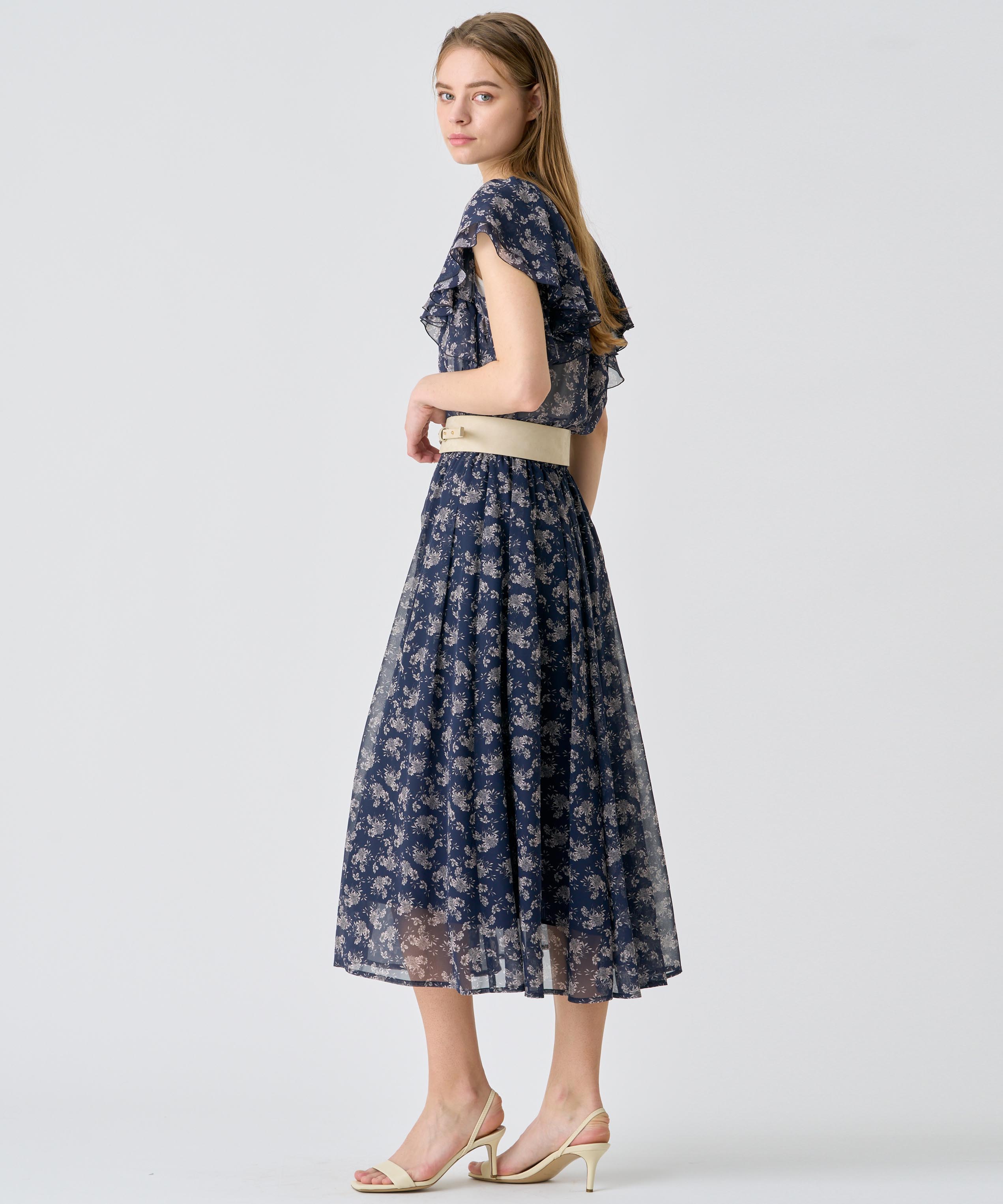 セットアップ対応商品】ラインフラワープリントタックフレアスカート