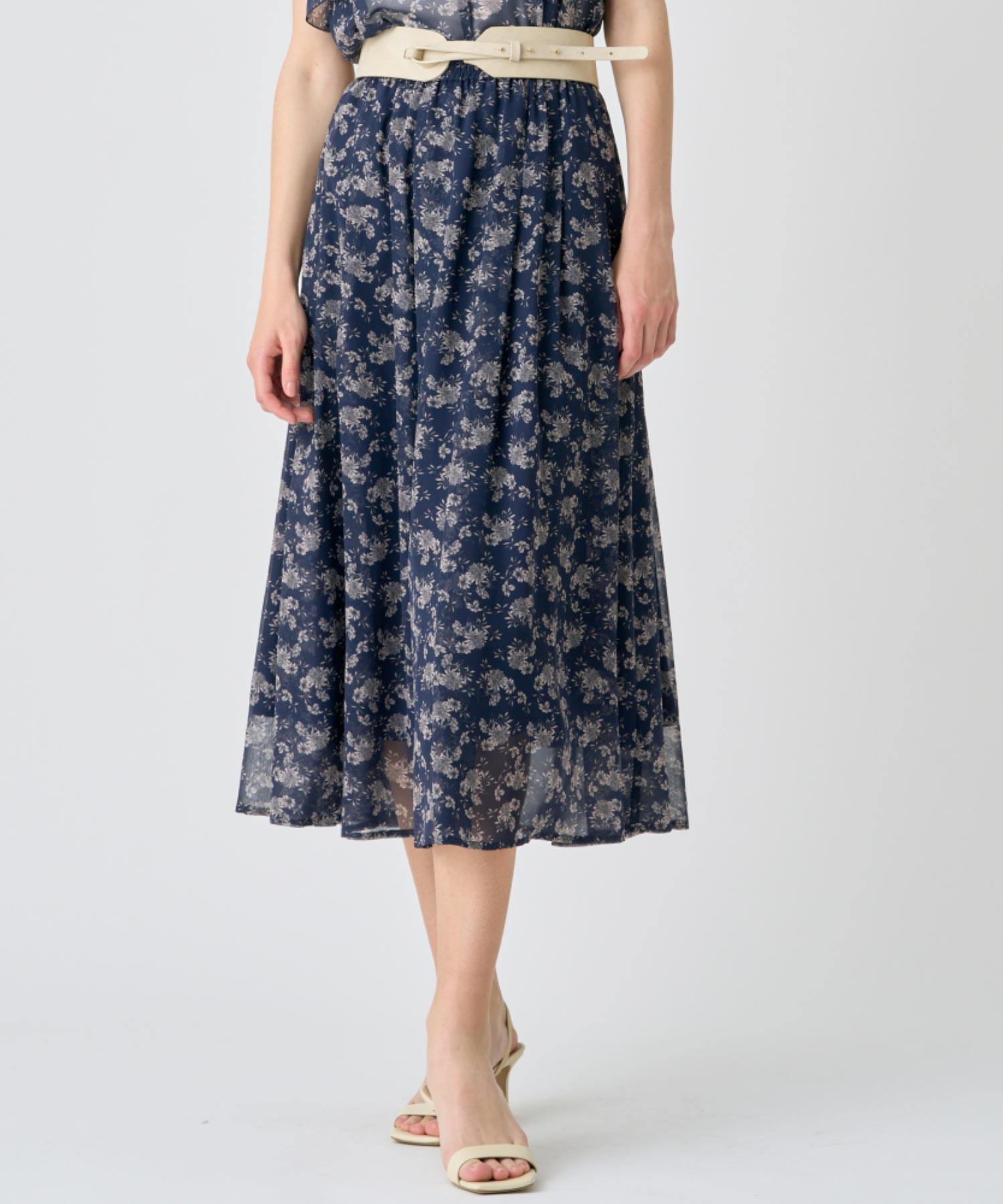 セットアップ対応商品】ラインフラワープリントタックフレアスカート