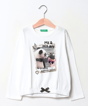 キッズパンダプリントリボン付きコットン長袖Tシャツ・カット 