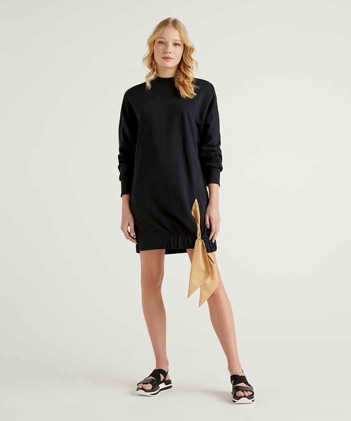 モックネックサイドスリットリボン付き長袖サックワンピース レディース ベネトン オンラインストア Benetton公式通販