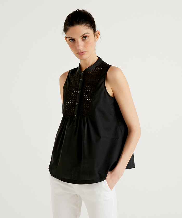 エンブロイダリーセンターボタンノースリーブシャツ ブラウス レディース ベネトン オンラインストア Benetton公式通販