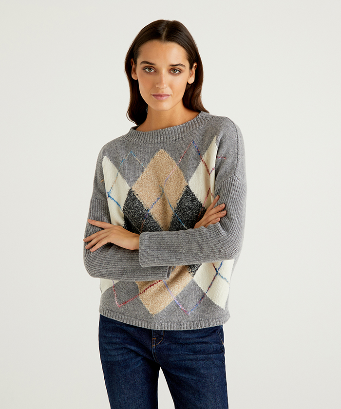 ウールビッグアーガイルタートルネックニット セーター レディース ベネトン オンラインストア Benetton公式通販