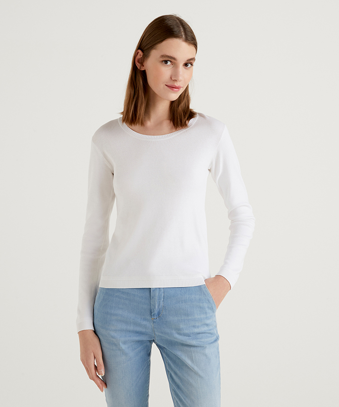 コットンラウンドネック長袖ニット セーター レディース ベネトン オンラインストア Benetton公式通販
