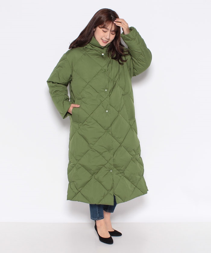 GREEN B】フード付きキルティングロングダウンコート(レディース ...