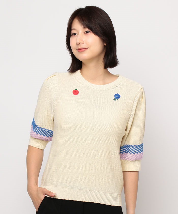 yori】新品未開封！コットン刺繍カラーニット 【2024SP】 ネイビー 