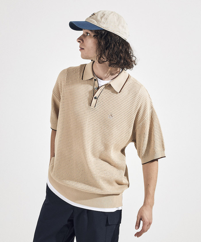 【Penguin by Munsingwear】 スタイル2841 70'Sカラートリムメッシュニットポロシャツ メンズ ベージュ M ペンギン バイ マンシングウェア ポロシャツ トップス