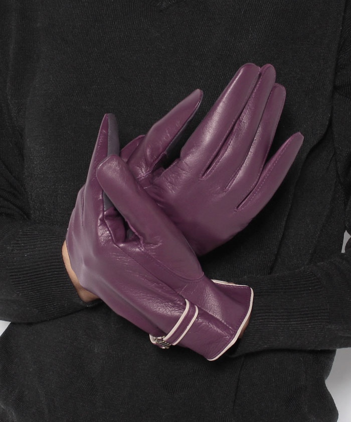 レディース★新品★ランバンコレクション　レザー手袋　羊革　ロゴ　紫　スマホ対応　日本製