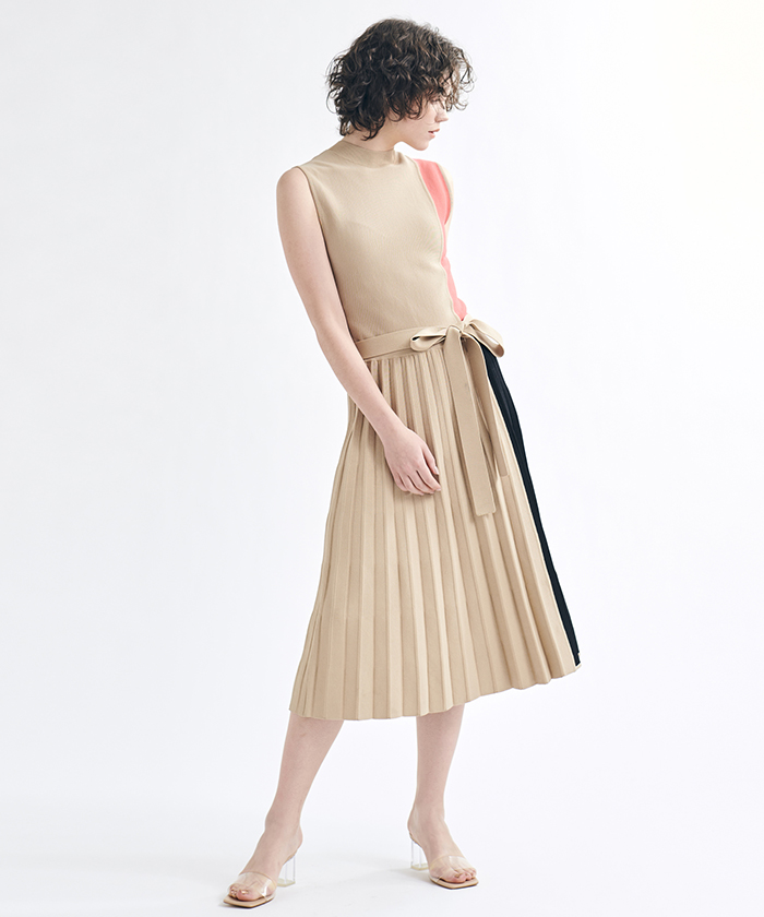 くらしを楽しむアイテム 美品 ランバンオンブルー リブニット バイカラー プリーツワンピース 38 M ロングワンピース マキシワンピース Pnl Ro