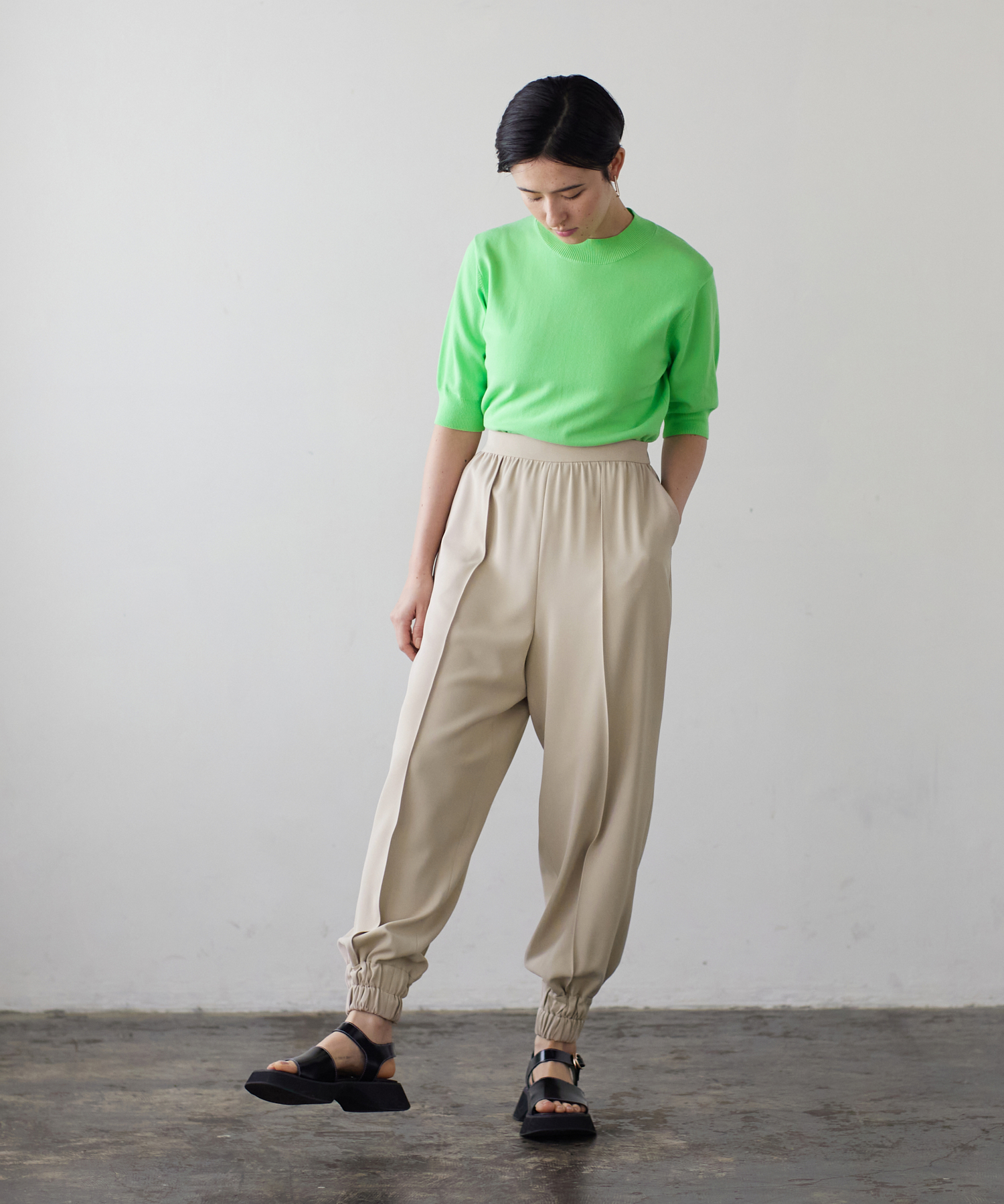 ポリエステルツイル裾ゴムパンツ -｜