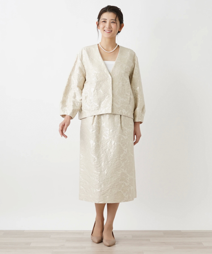 Leilianレリアン ダークグレーの花柄レースジャケットとスカートセット