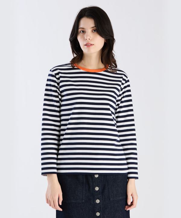 細ボーダー コットン 長袖 Tシャツ "Biotop"