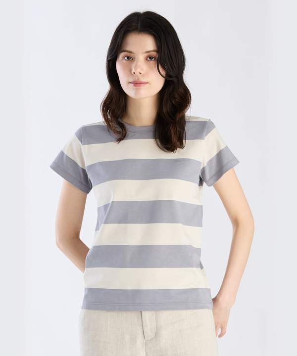 アニエスベー　白と薄紫のストライプ 長袖Tシャツ agnes b.（アニエスベー）の「J008 TS ボーダーTシャツ（Tシャツ