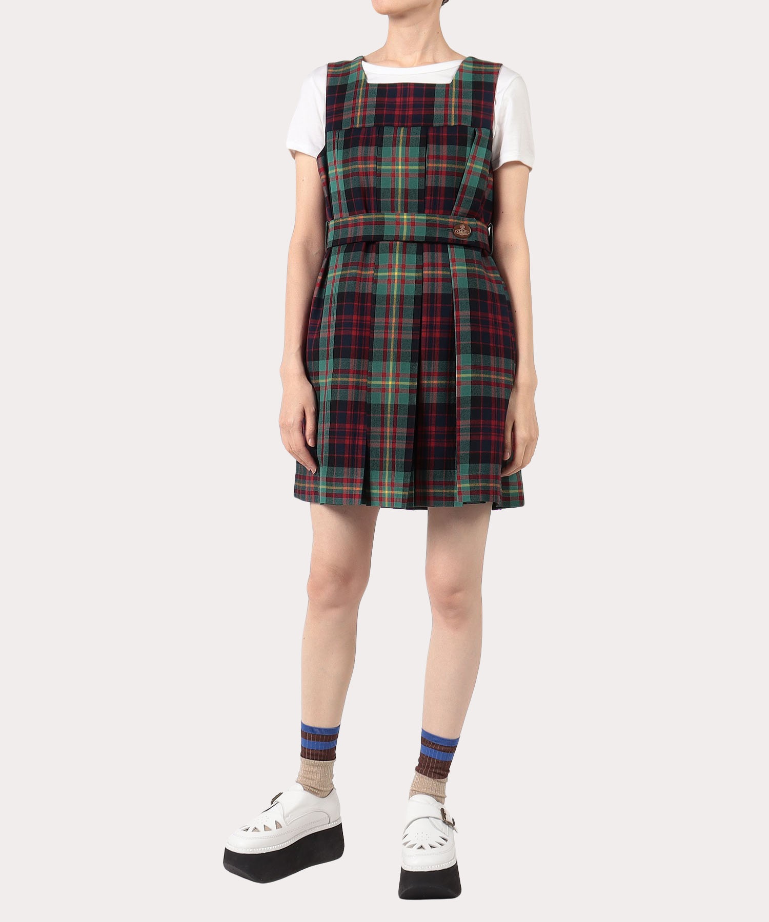 TARTAN CHECK プリーツミニジャンパースカート(グリーン)（レディース